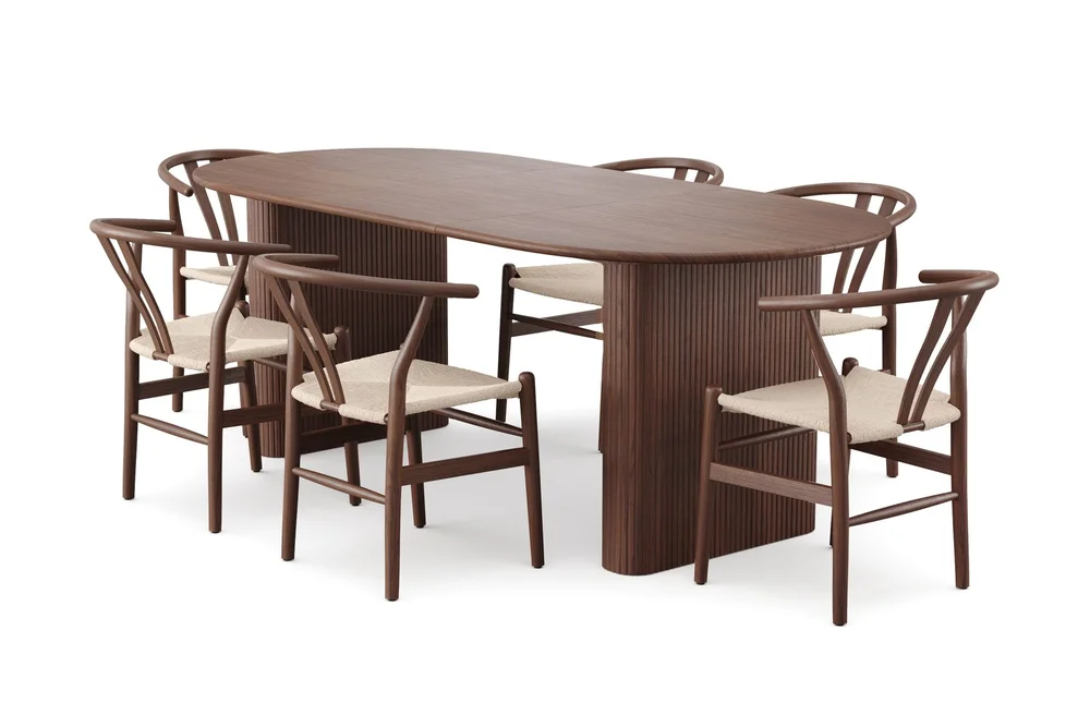Noira spisegruppe uttrekkbar 160–220 cm valnøtt med 6 Dastoori spisestoler v:7735065