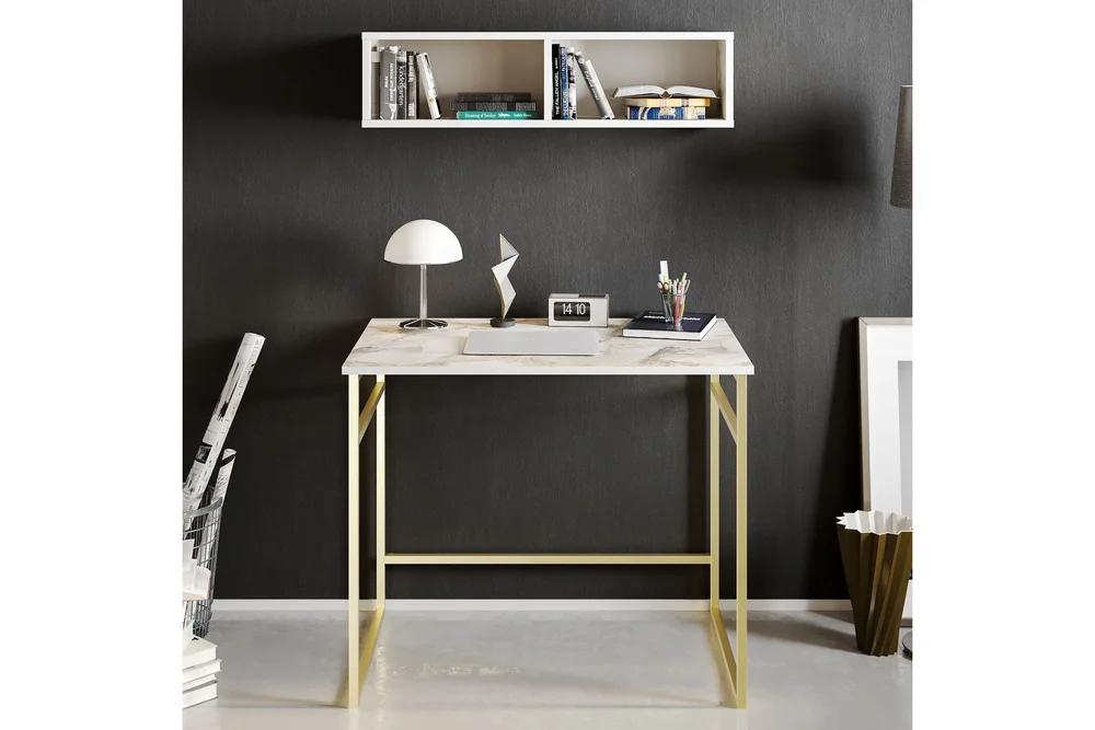 Klingbo Skrivebord 90 cm med Oppbevaring Vegghylle Marmormøn v:8611854