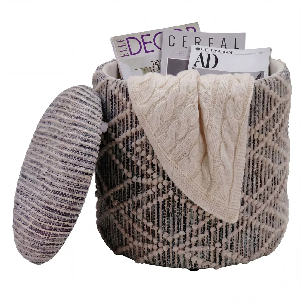 Veron rund sittepuff med oppbevaring i ullstoff v:1340754 Veron rund sittepuff med oppbevaring i ullstoff v:1340754