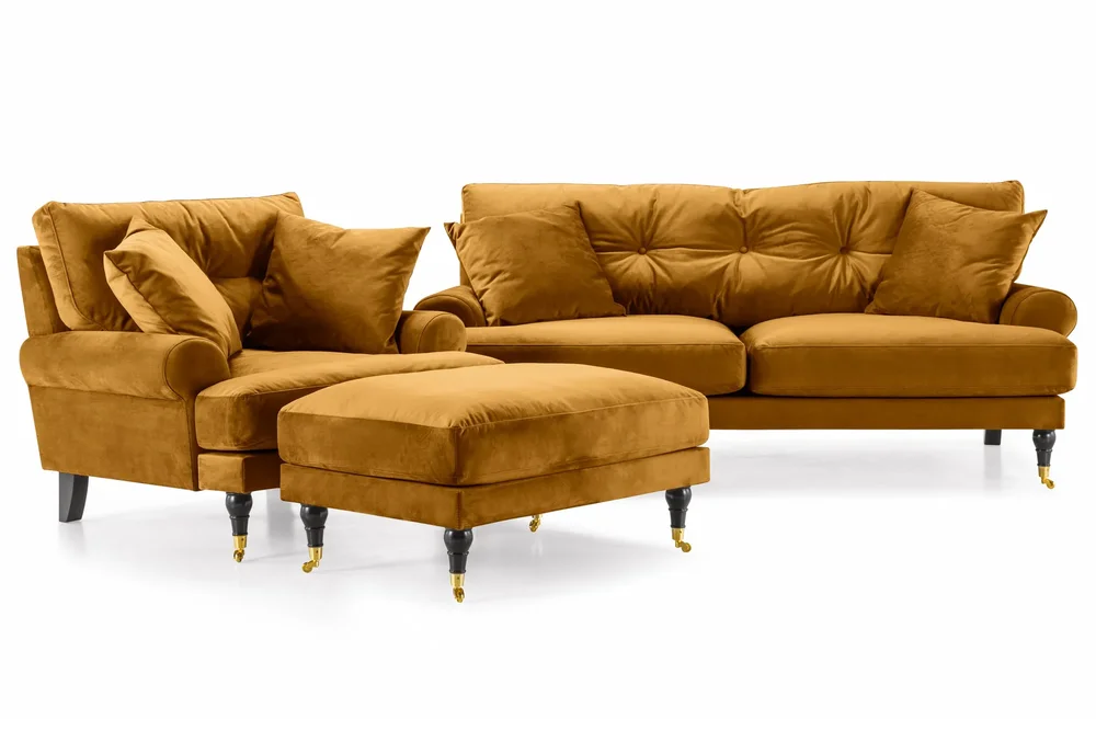 Andrew Sofagruppe 3-seter + 2-seter Sofa + Lenestol + Fotskammel i Fløyel v:9549884 Andrew Sofagruppe 3-seter + 2-seter Sofa + Lenestol + Fotskammel i Fløyel v:9549884