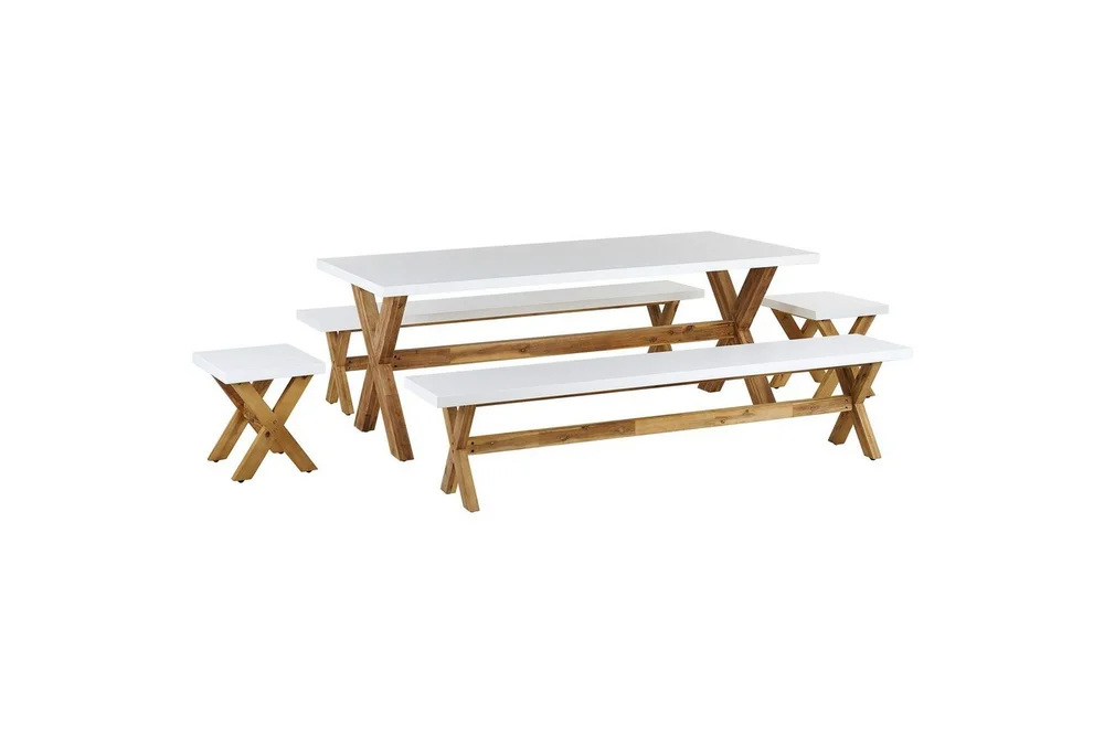 Matsalsset Beliani Olbia med bänkar 8-Sits White||Light wood v:8056977
