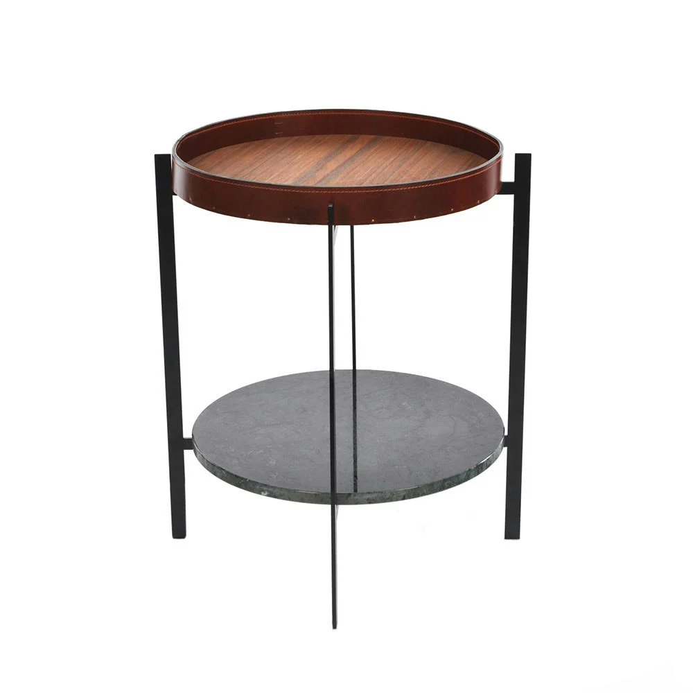 Deck Sidebord, Svart Ramme, Teak/Cognacfarget, Grønn Marmor v:322631