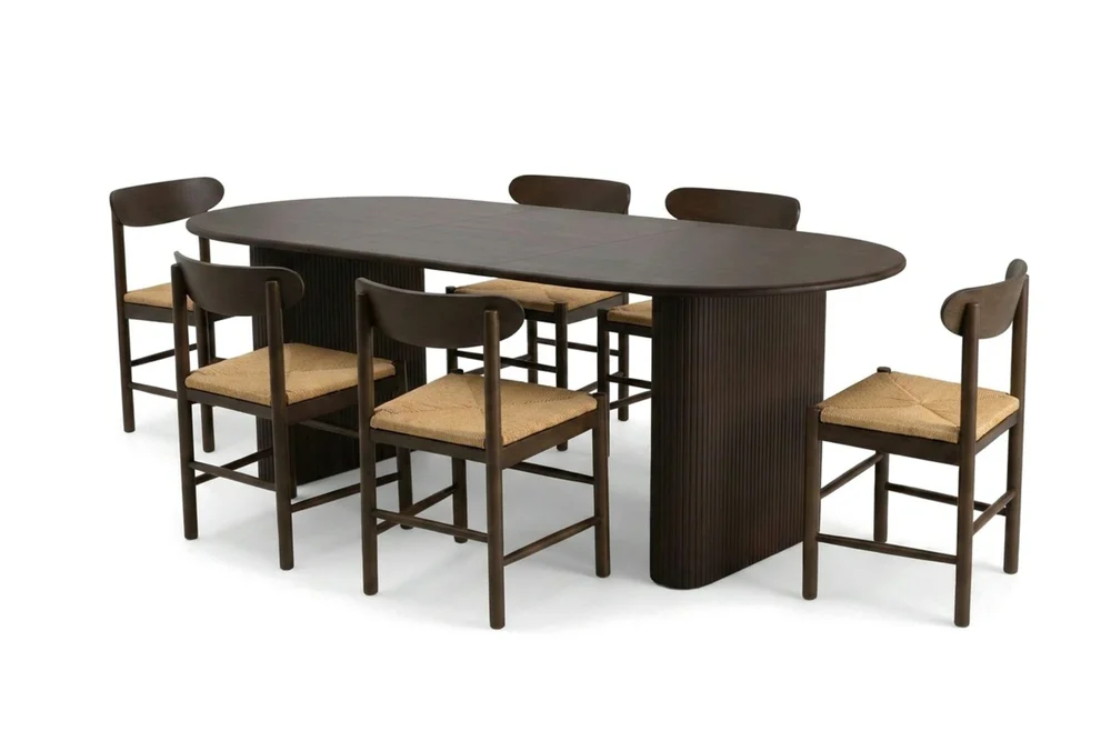 Noira spisegruppe uttrekkbar 160–220 cm røkt eik med 6 Malte spisestoler v:3667488