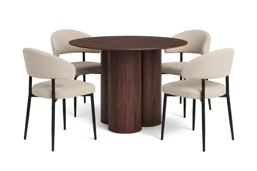 Juno spisegruppe rund 110 cm valnøtt med 4 Sawako spisestoler v:9244467 Juno spisegruppe rund 110 cm valnøtt med 4 Sawako spisestoler v:9244467