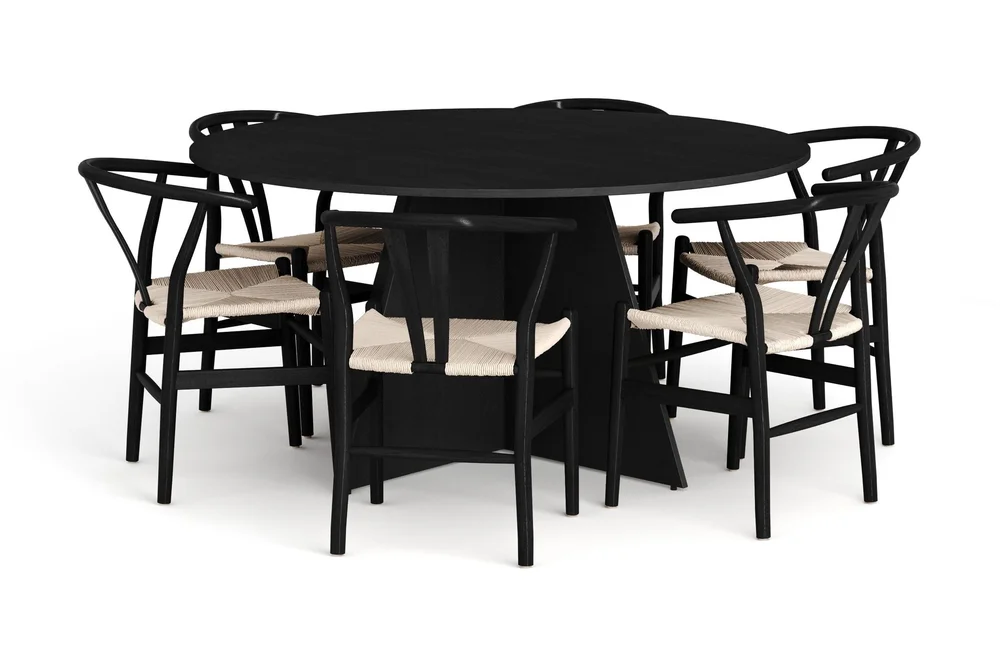 Vera spisegruppe rund 150 cm svart med 6 Dastoori spisestoler v:3358333