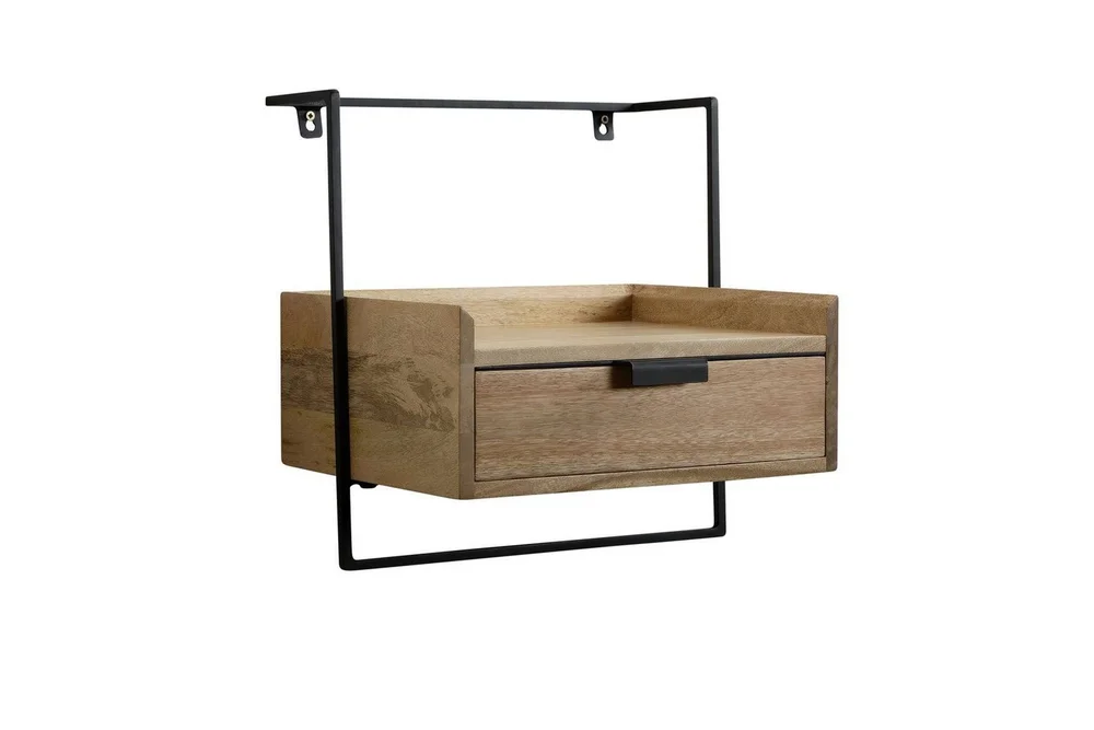 Nattbord Wohnling for veggmontering, laget av solid mangotre, med 1 skuff, industrielt-stil hylle Lysebrun v:7193743