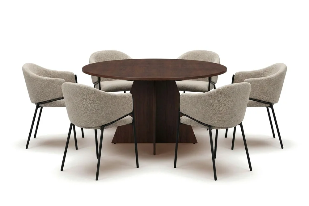 Vera spisegruppe rund 130 cm valnøtt med 6 Filip spisestoler v:3093594 Vera spisegruppe rund 130 cm valnøtt med 6 Filip spisestoler v:3093594