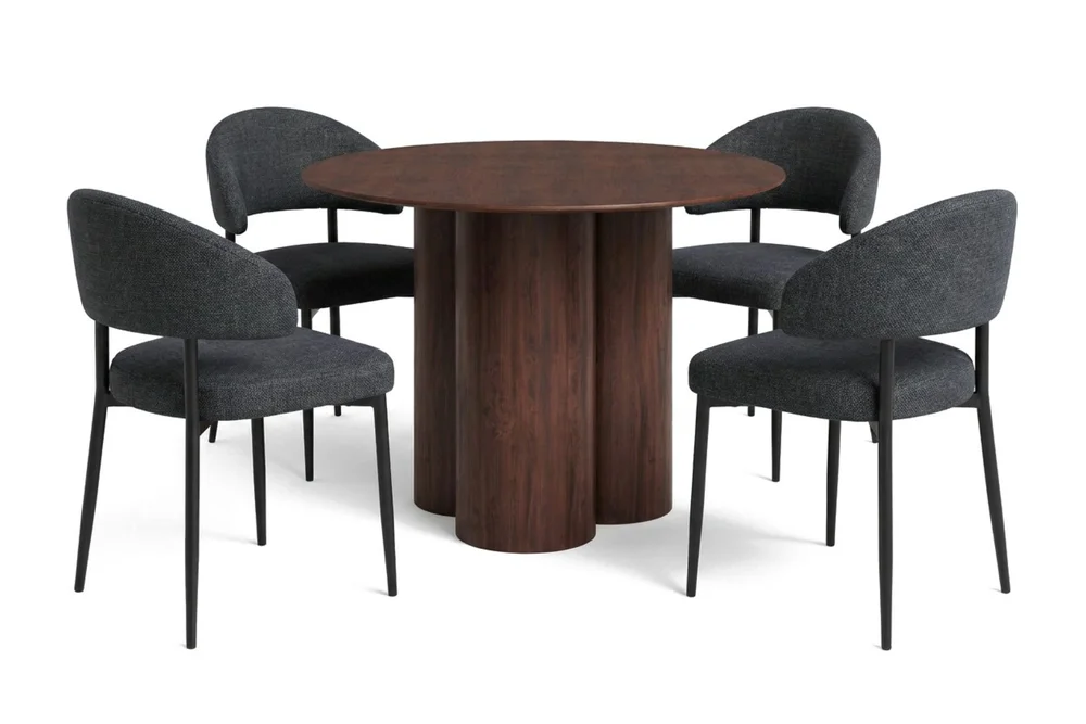 Juno spisegruppe rund 110 cm valnøtt med 4 Sawako spisestoler v:6567376 Juno spisegruppe rund 110 cm valnøtt med 4 Sawako spisestoler v:6567376