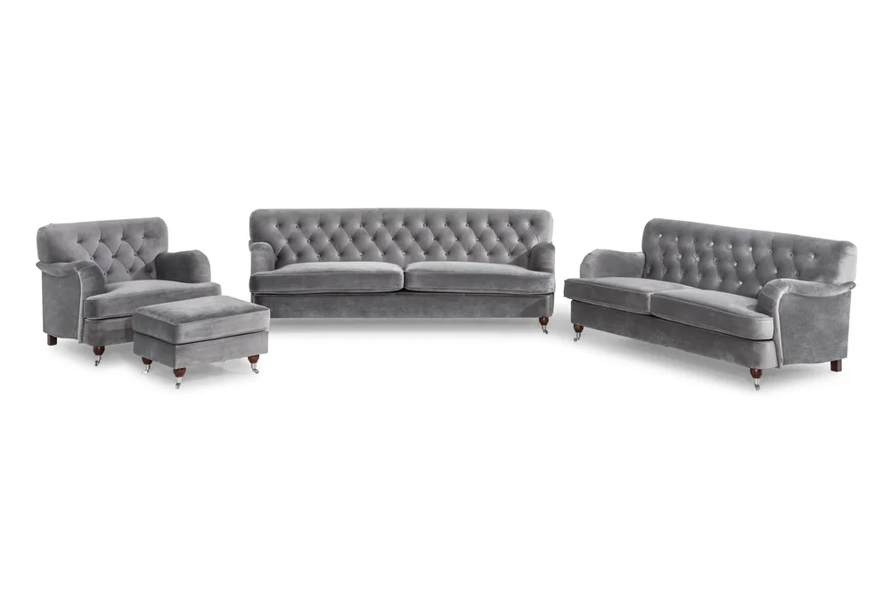 Howard Riviera Sofagruppe Svingt 3-seters + 2-seters Sofa + Lenestol + Fotskammel i Fløyel v:3796844