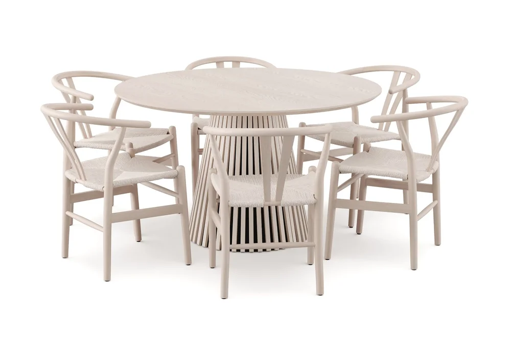 Peyra rund spisegruppe 130 cm hvitbeiset med 6 Dastoori-spisestoler v:7528261