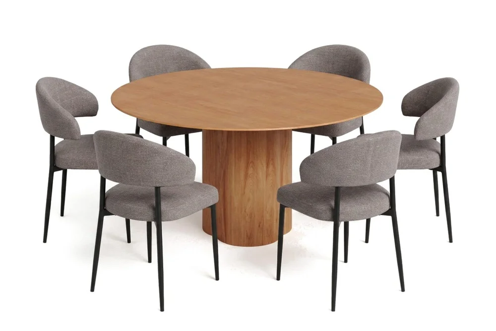 Juno spisegruppe rund ca. 150 cm eik med 6 Sawako spisestoler v:7639397