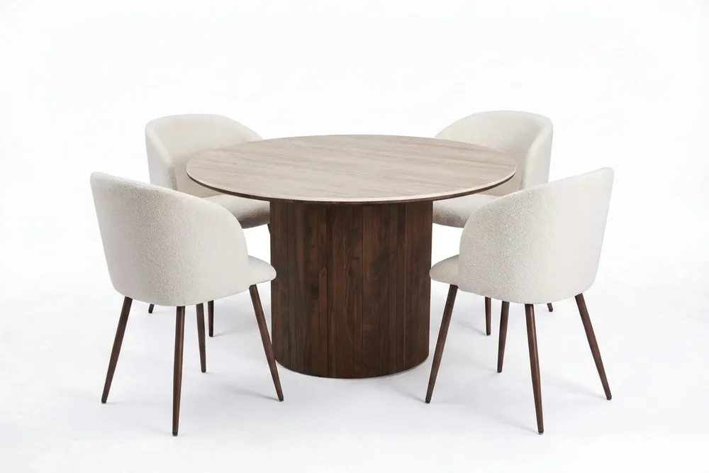 Arvo spisegruppe rund 120 cm valnøtt med 4 Greya spisestoler v:9661528 Arvo spisegruppe rund 120 cm valnøtt med 4 Greya spisestoler v:9661528