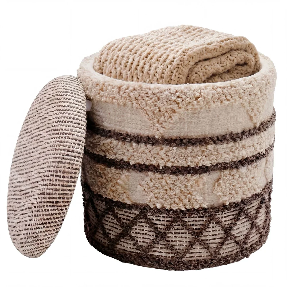 Volen rund sittepuff med oppbevaring i ullstoff v:6165955