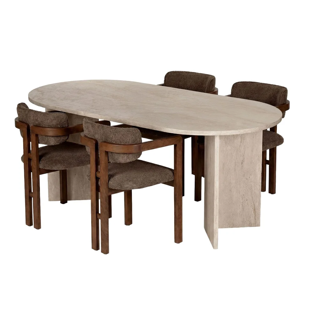 Spisebord- og stolsett Nordure Meridia 4 (180 x 75 x 90 cm) 5 deler Travertin valnøtt brun v:6207083