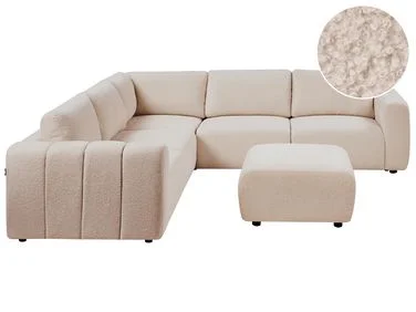 Modulær hjørnesofa 5-seters KIVVIK med fotskammel Bouclé Beige Høyrevendt v:9003440 Modulær hjørnesofa 5-seters KIVVIK med fotskammel Bouclé Beige Høyrevendt v:9003440
