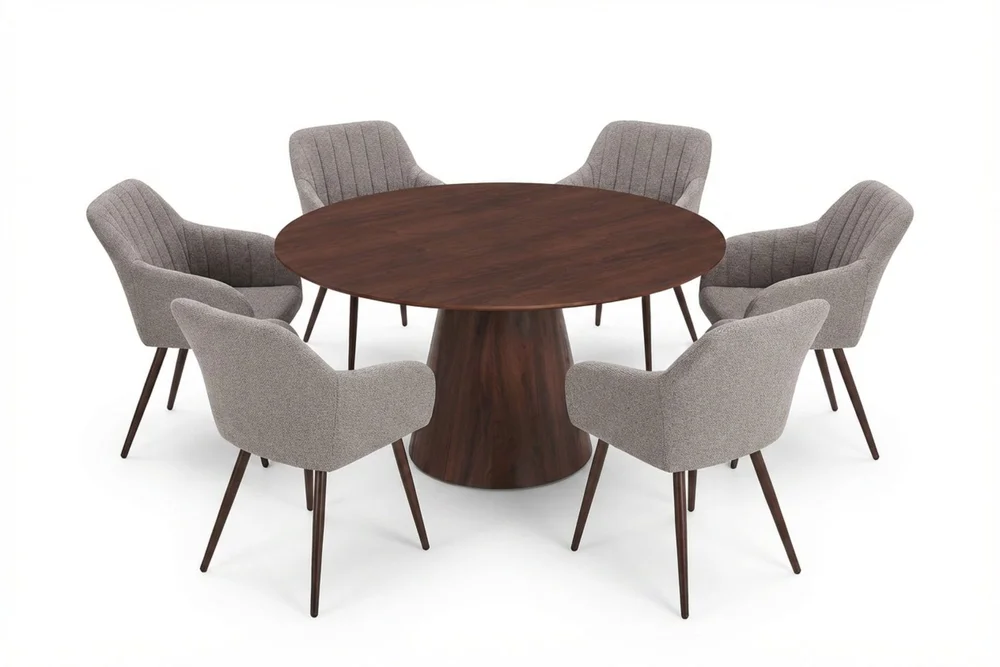 Siena spisegruppe rund 150 cm valnøtt med 6 Filippa spisestoler v:9994843