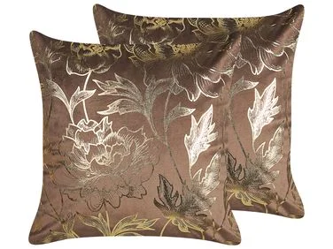 Sett med 2 pynteputer DAFFODIL 45 x 45 cm Fløyel Brun Blomstermønster v:9317766