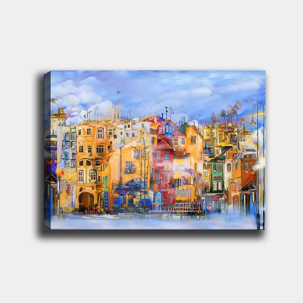 Lerretsbilde 70x100 cm - Fargerike hus ved vannkanten i et livlig bymiljø v:4343062