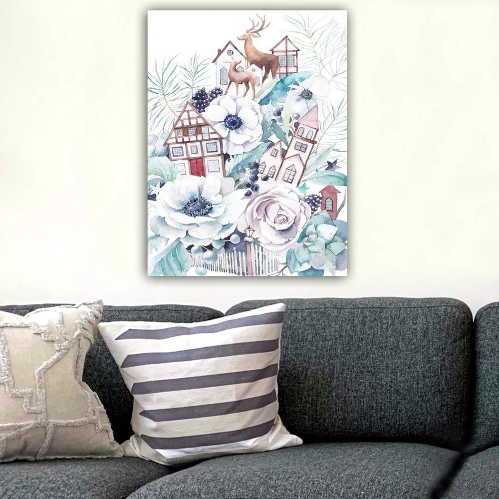 Lerretsbilde 70x100 cm - Fargerik komposisjon med blomster, hus og dyr i et harmonisk landskapsdesign v:8250470