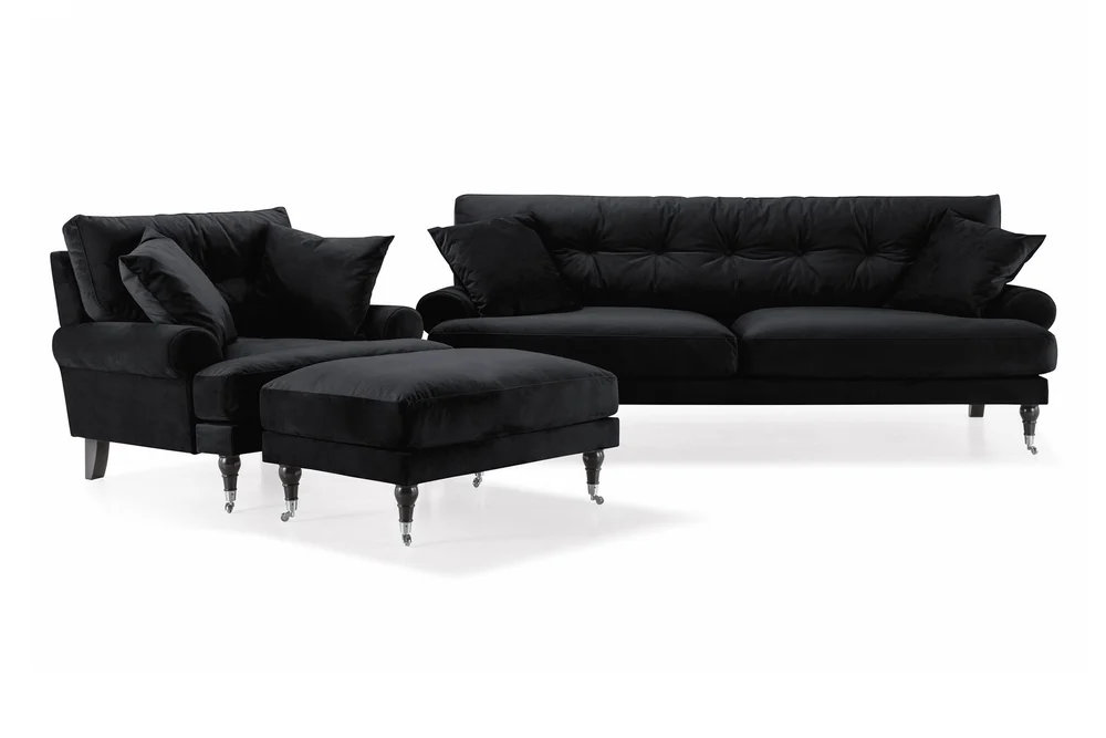 Andrew Sofagruppe 3-seter Sofa + Lenestol + Fotskammel i Fløyel v:4459651 Andrew Sofagruppe 3-seter Sofa + Lenestol + Fotskammel i Fløyel v:4459651