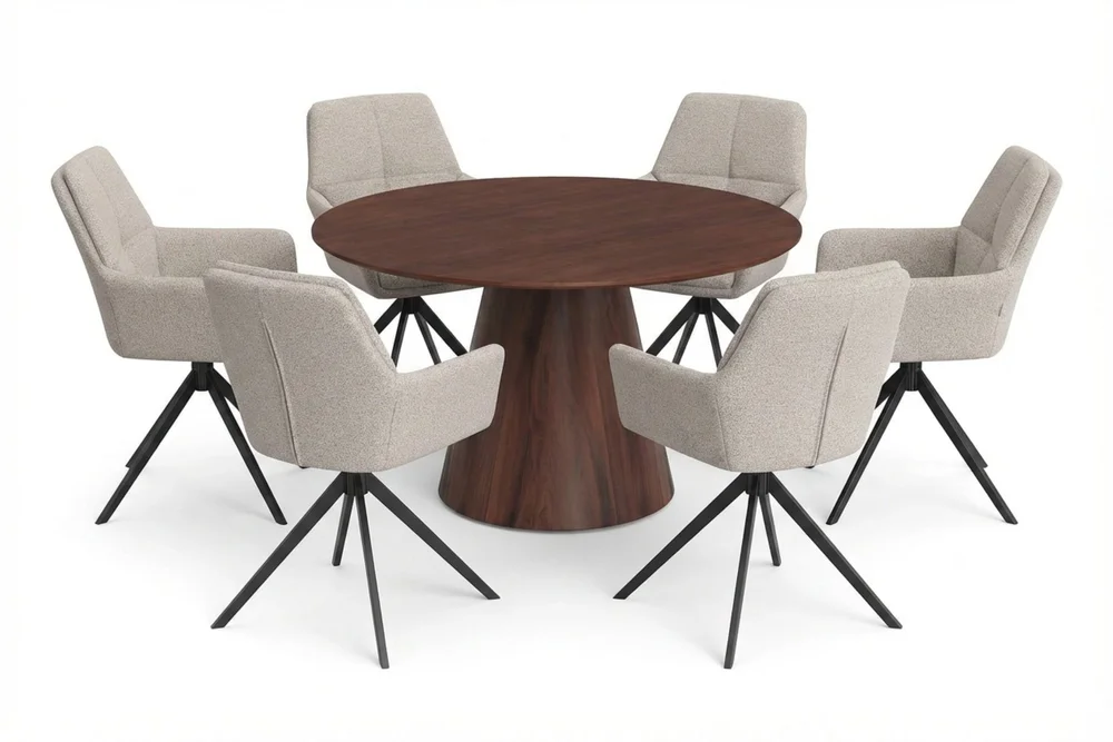 Siena spisegruppe rund 130 cm valnøtt med 6 Torsby spisestoler v:4798475