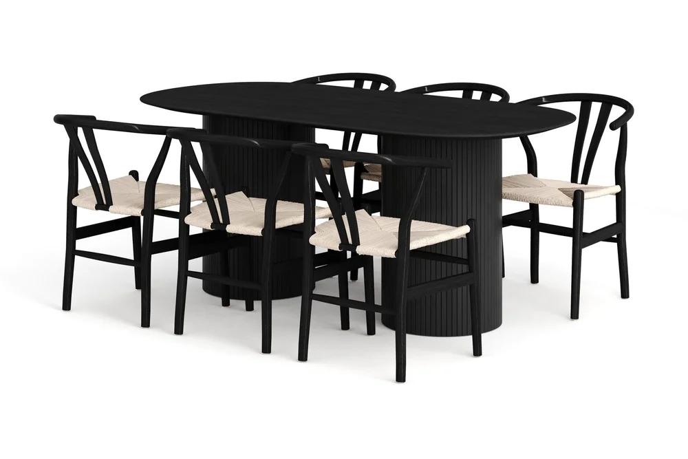 Kopparbo spisegruppe oval 180 cm svart med 6 Dastoori spisestoler v:9997915