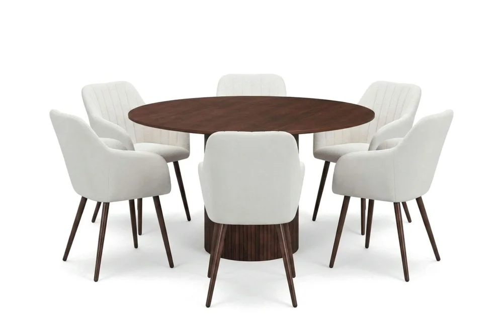 Kopparbo spisegruppe rund 130 cm valnøtt med 6 Filippa spisestoler v:5138815