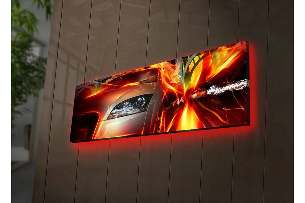 Lerretsbilde med LED-belysning 30x90 cm - Sportsbil i bevegelse med dynamiske lyseffekter v:8958605