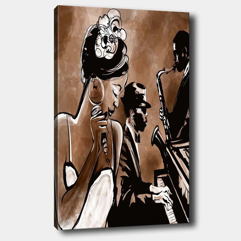 Lerretsbilde 70x100 cm - Jazzsanger fremfører en sang med musikere i bakgrunnen v:6131749