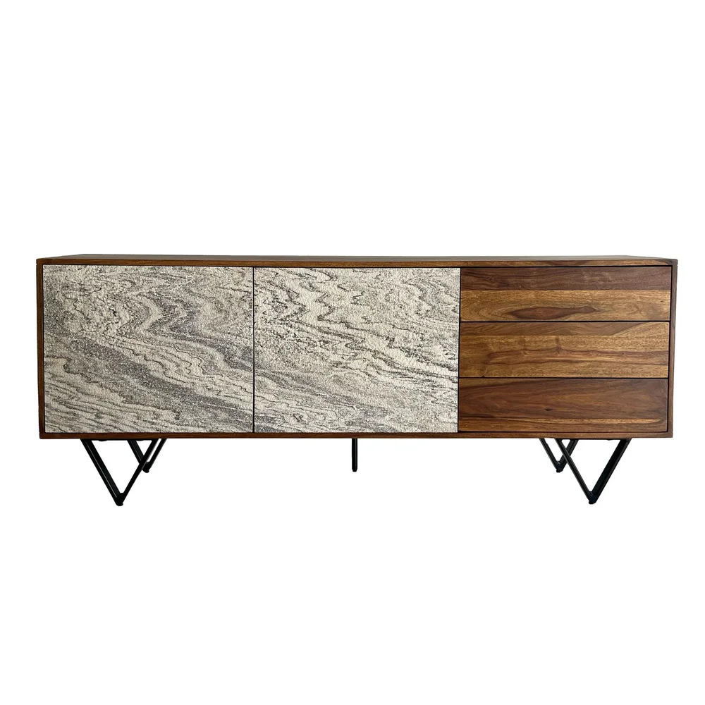 Jesvik skjenk 175x71x40 cm i massivt sheeshamtre med fronter i steinlook v:3930033