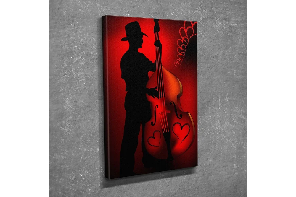 Liten lerretsbilde 30x40 cm - Silhuett av en musiker som spiller kontrabass med hjerteformede detaljer v:6578180
