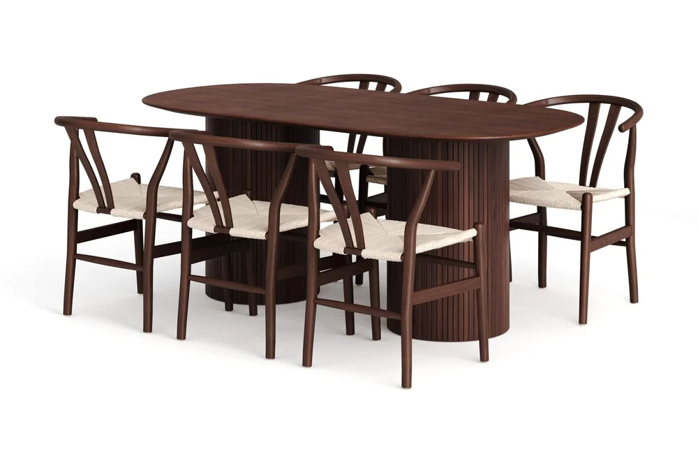 Kopparbo spisegruppe oval 180 cm valnøtt med 6 Dastoori spisestoler v:9659353