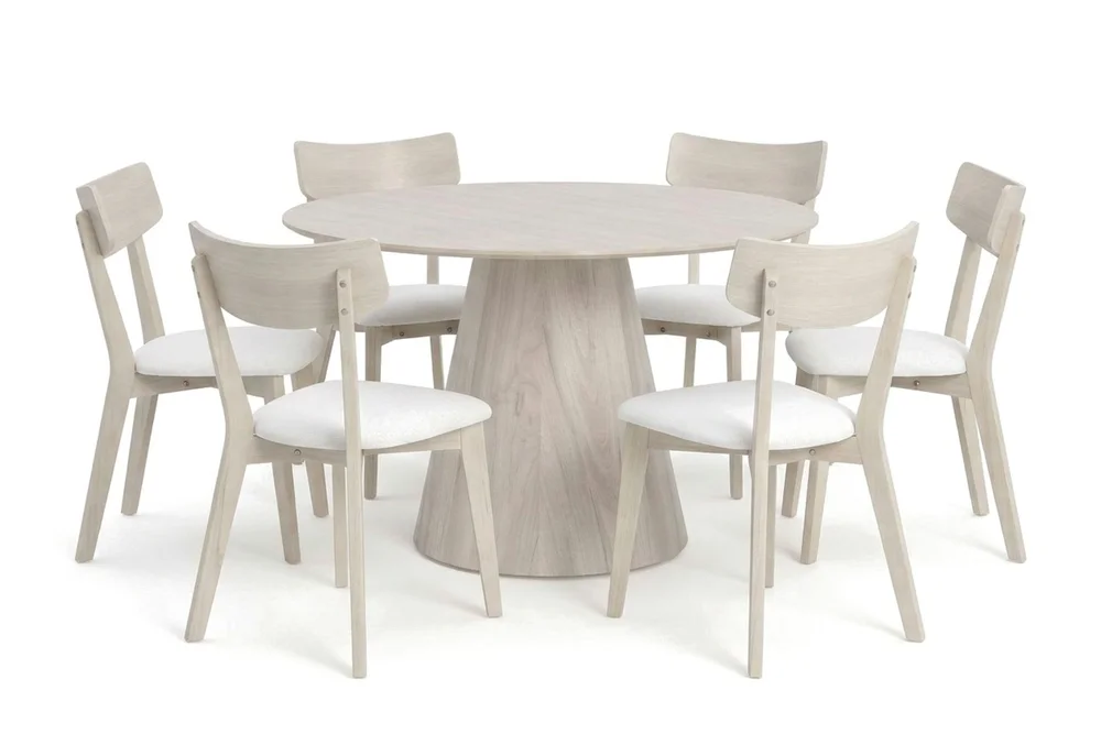 Siena spisegruppe 130 cm rund hvitlasert med 6 Amelia spisestoler med pute v:7061712