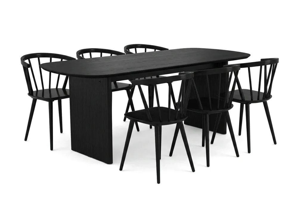 Alma spisegruppe rektangulær 180 cm svart med 6 Tyrö spisestoler v:7839631 Alma spisegruppe rektangulær 180 cm svart med 6 Tyrö spisestoler v:7839631